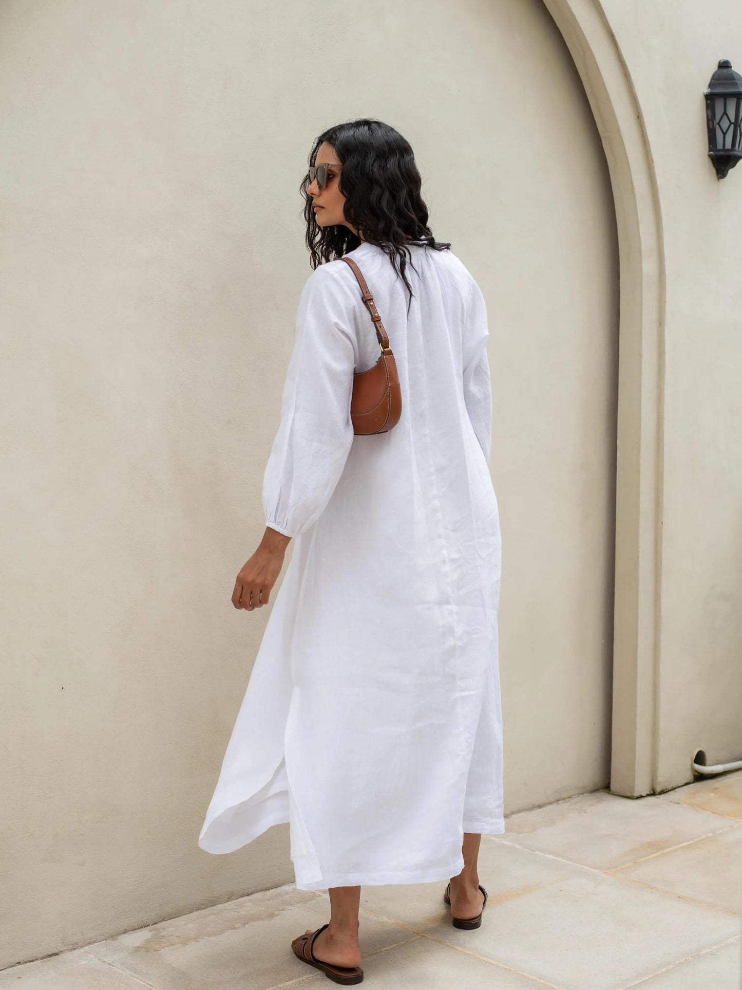 Solid Color V-neck Long Sleeve Dress