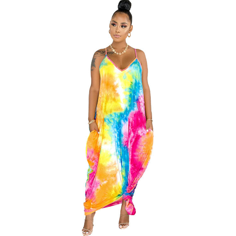 Tie-dye Printing V-neck Brace Mopping Dress
