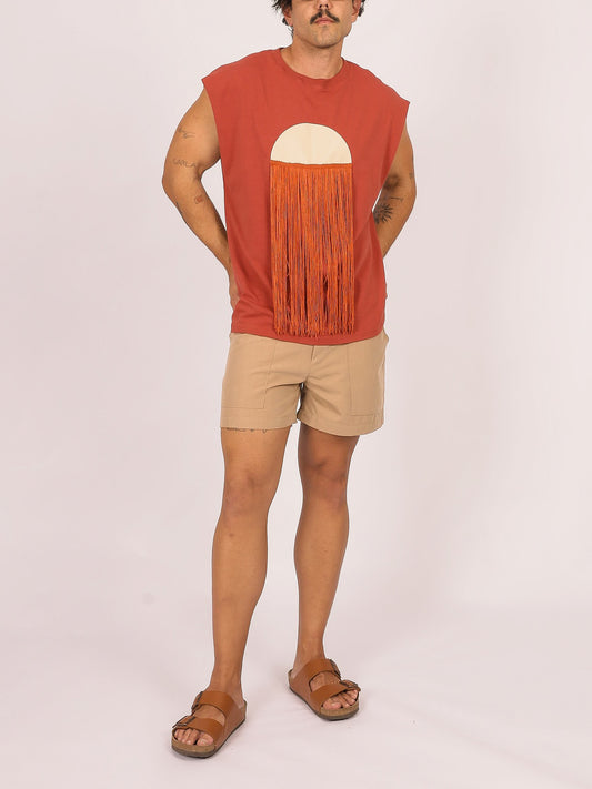 Terracotta Sleeveless Fringe Accent Top