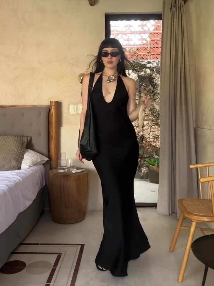 Black Deep V Backless Dress
