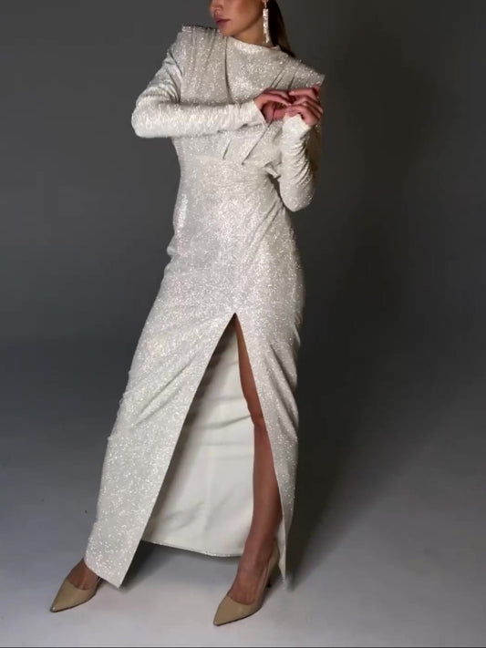 Shiny Slit Long Sleeve Evening Dress