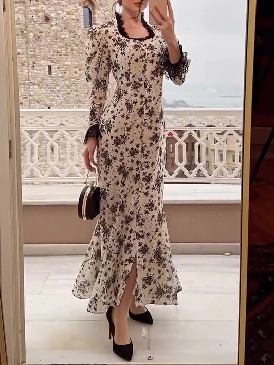 Elegant Print Lace Button Dress