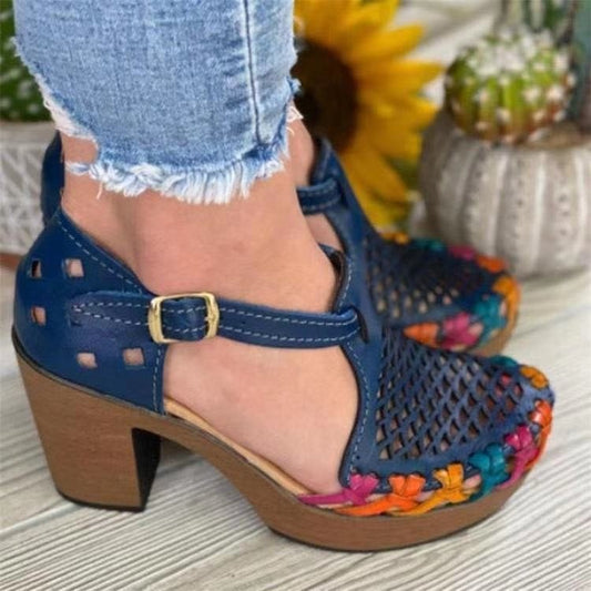 Printed Ethnic Style High-heeled Women's Floral Buckle Chunky Heel Toe Roman Sandals
