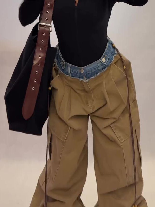 Khaki Denim Panel Drawstring Wide-Leg Cargo Pants