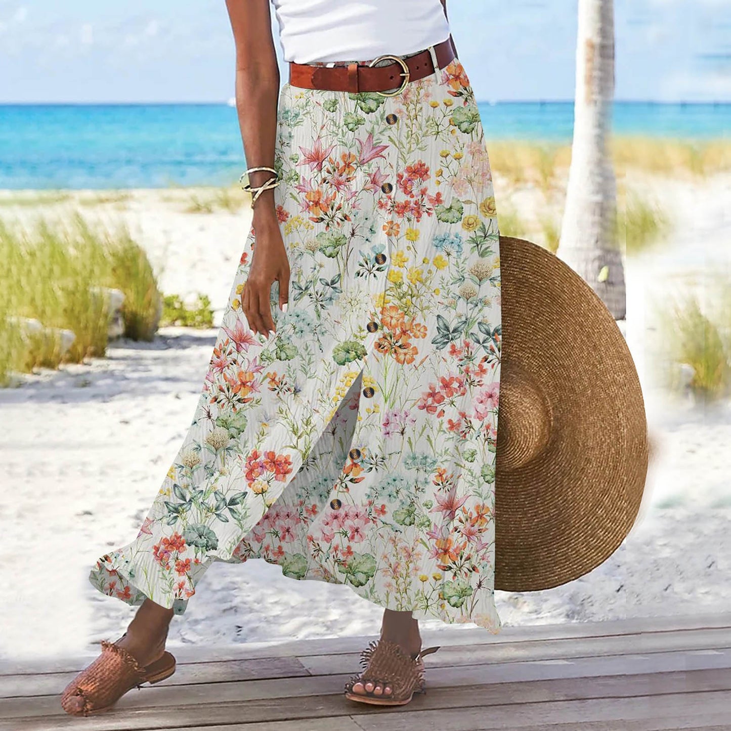 Women's Fashion Digital Print Button Skirt