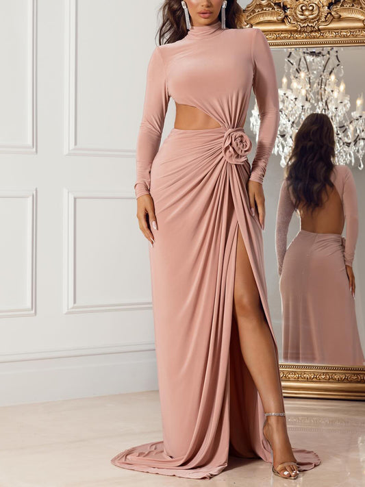 Backless Cutout Slit Three-dimensional Flower  Dress