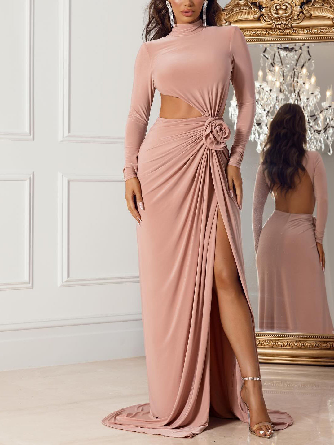 Backless Cutout Slit Three-dimensional Flower  Dress
