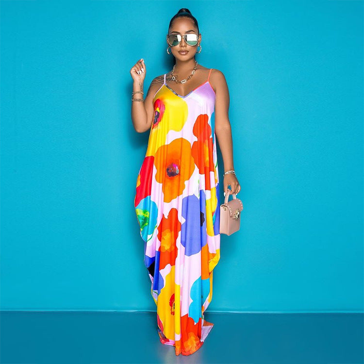 Tie-dye Printing V-neck Brace Mopping Dress