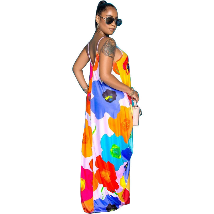 Tie-dye Printing V-neck Brace Mopping Dress