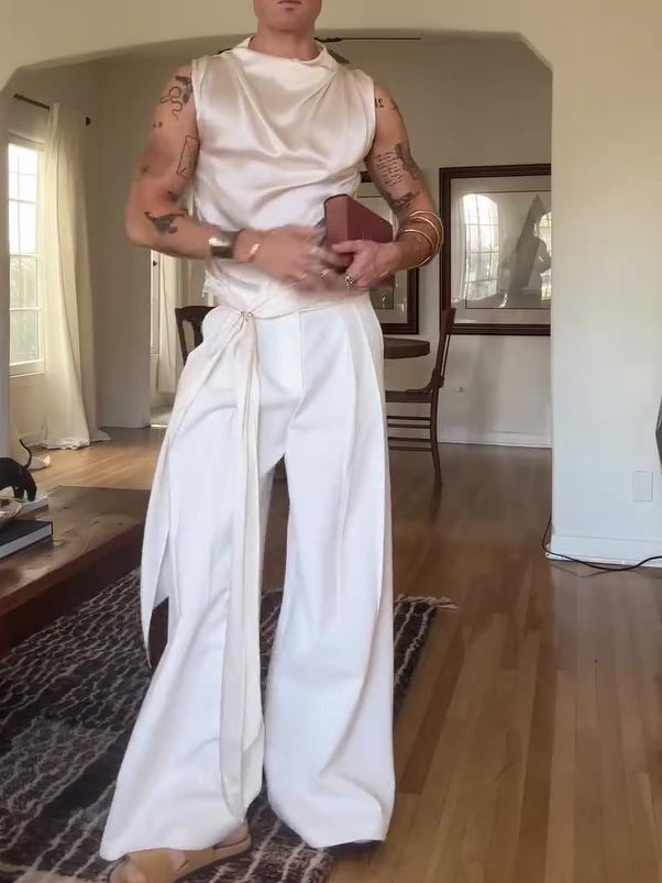 Beige Satin Draped Collar Sleeveless Top