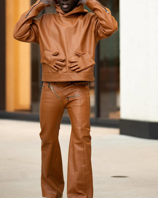 Мужской осенне-зимний модный кожаный комплект из двух предметов с карманами в форме ладони. 