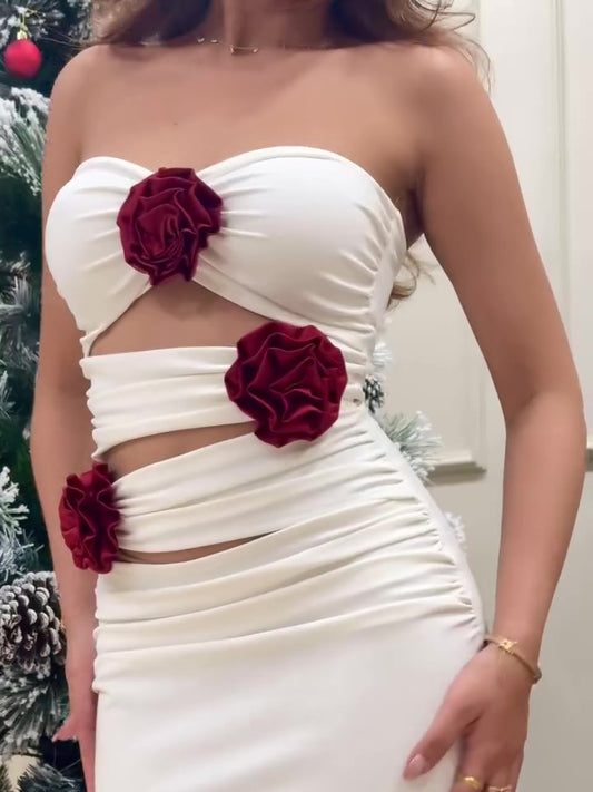 White Contrasting Three-dimensional Flower Tube Top Cutout Dress