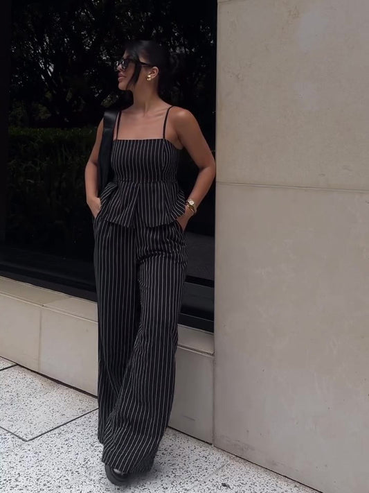 Striped Suspender Ruffle High-waisted Wide-leg Pants Suit