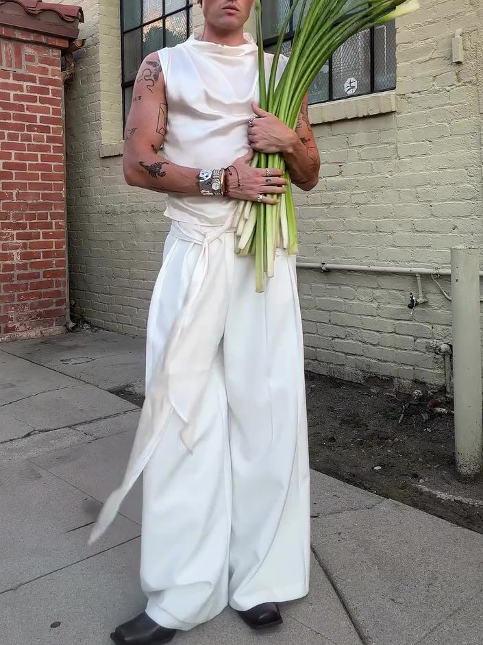 Beige Satin Draped Collar Sleeveless Top