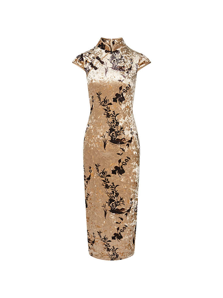 Chinese Velvet Swaying Posture Elegant Cheongsam Dress