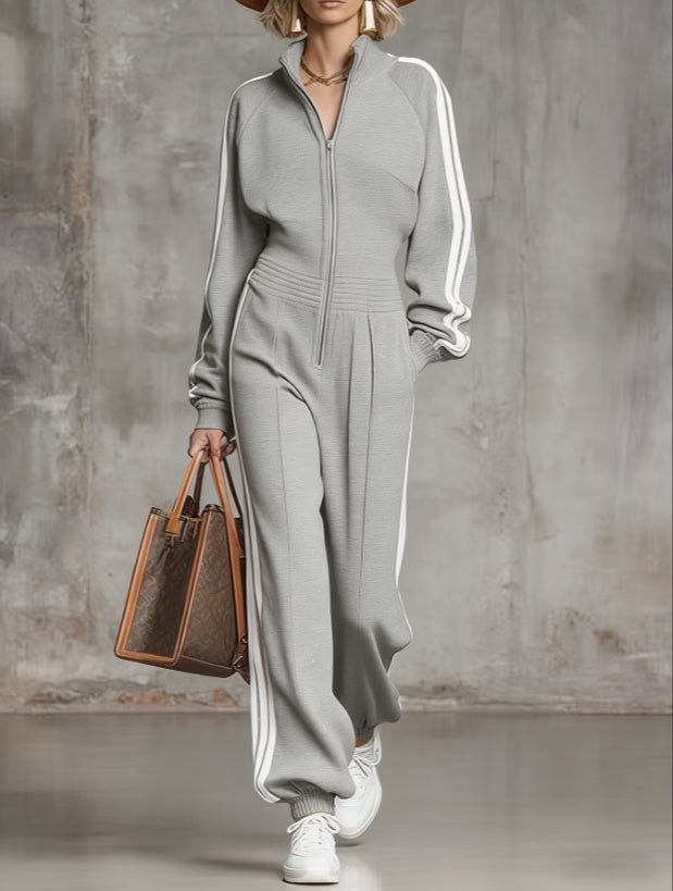 American Retro Stand-collar Zip-up Sportswear Set For Women, Loose And Slimming Casual Sweatshirt And Sweatpants Two-piece Set For Spring And Autumn