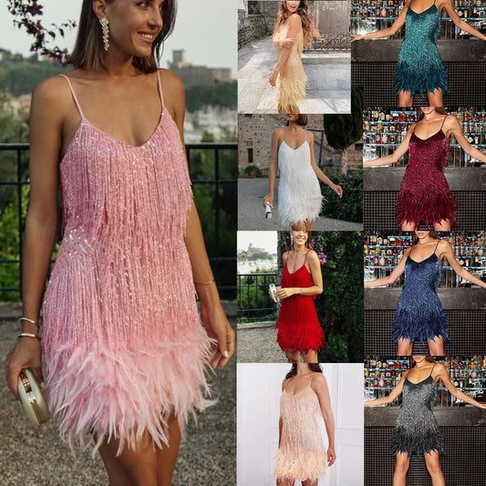 Sexy Tassel Sequins Feather Summer Mini Dress Women V Neck Spaghetti Strap Stitching Dresses Female Elegant Evening Party Club Dress