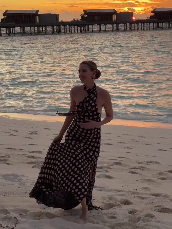 Polka Dot Backless Slit Maxi Dress