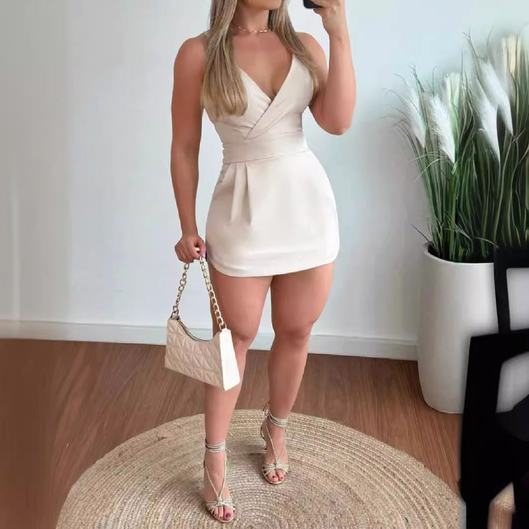 Solid Color V-neck Brace Short Skirt Women