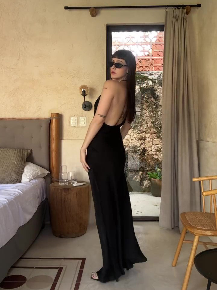 Black Deep V Backless Dress