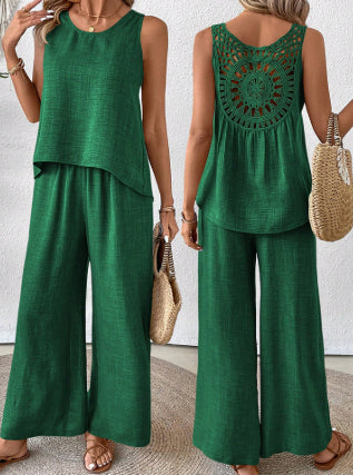 Women's Sleeveless Solid Color Back Hollow Lace Suit