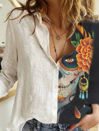 Women's Loose Digital Printed Long Sleeve Shirt