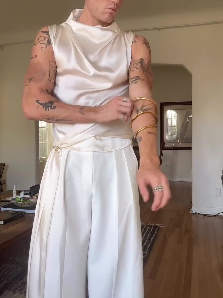 Beige Satin Draped Collar Sleeveless Top