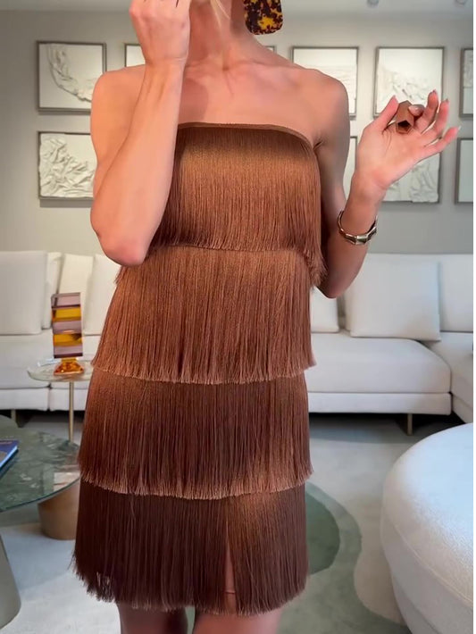 Brown Strapless Tiered Fringe Mini Dress