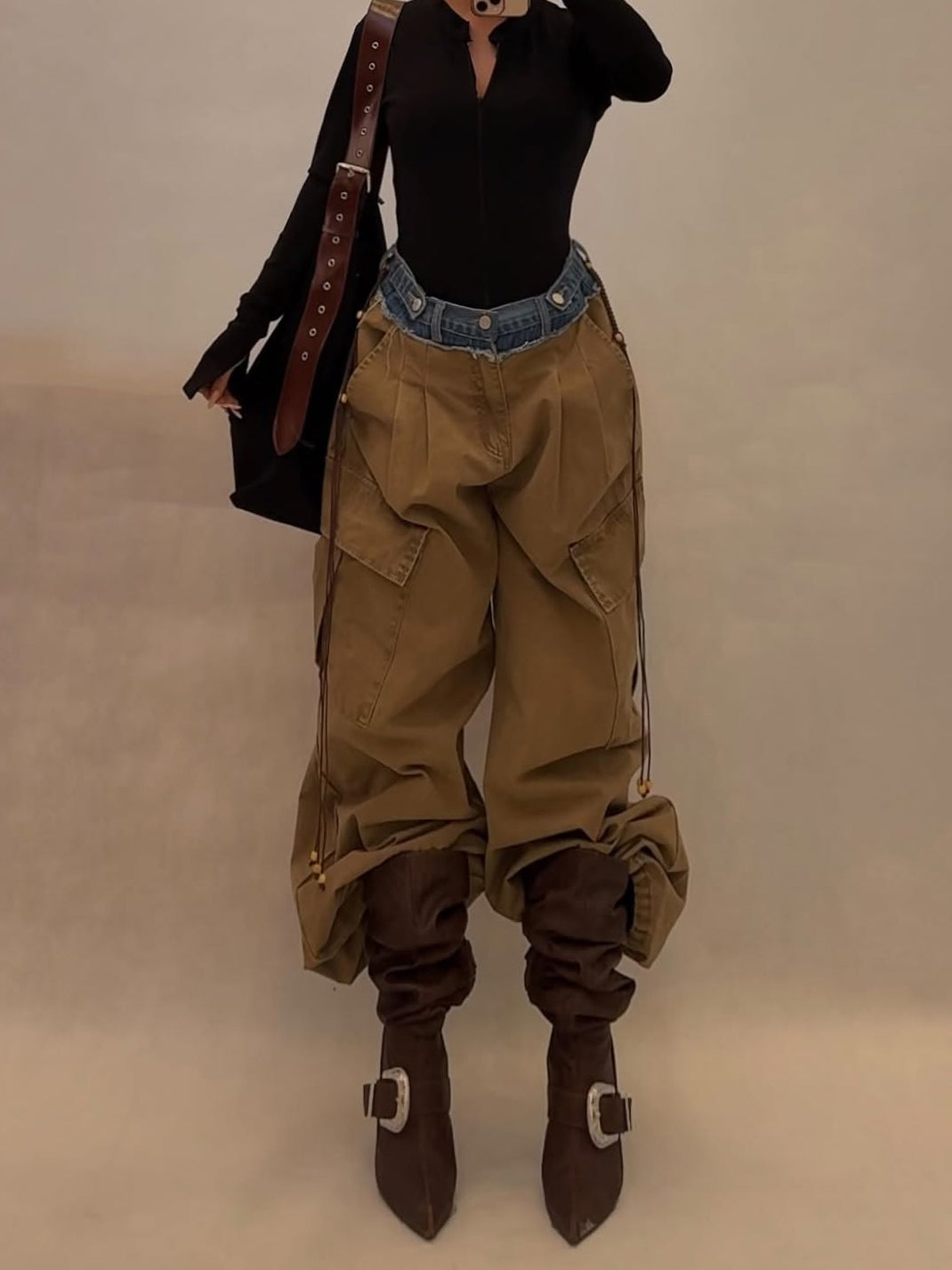 Khaki Denim Panel Drawstring Wide-Leg Cargo Pants