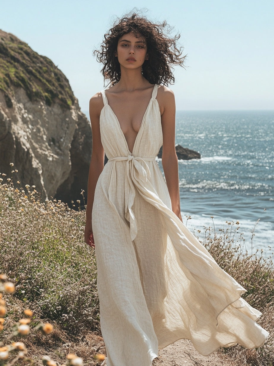 Cotton And Linen Suspender Strap Maxi Dress