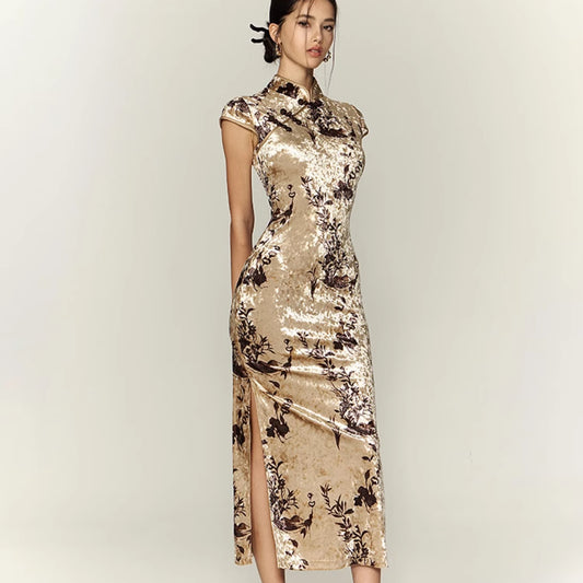 Chinese Velvet Swaying Posture Elegant Cheongsam Dress