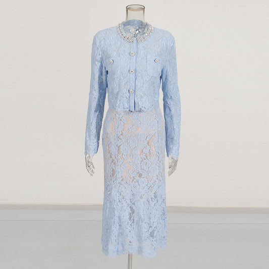 Round Neck Diamond Lace Embroidered Top High Waist Skirt Suit