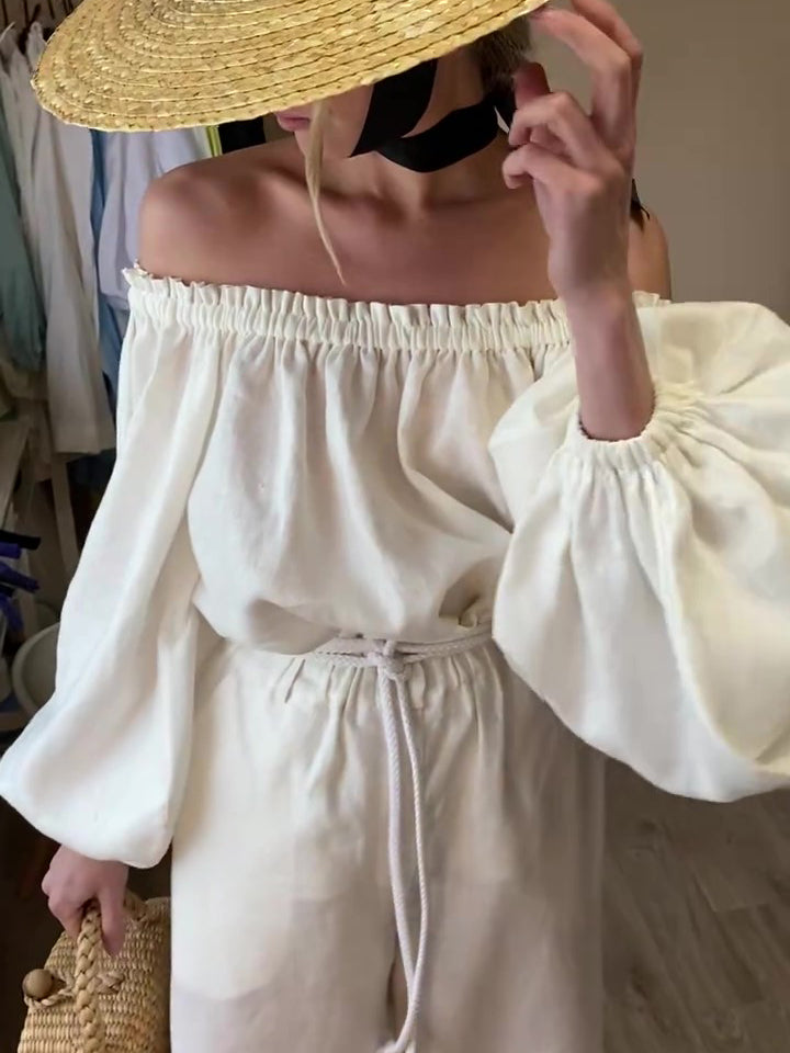Cotton And Linen One-shoulder Long-sleeved Top & Wide-leg Pants Suit