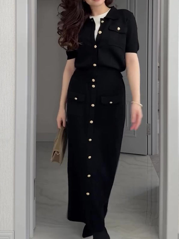 Lapel Short Sleeve Shirt & Single Button Skirt Set