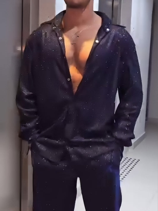 Navy Glitter Oversized Shirt & Wide-Leg Pants Set