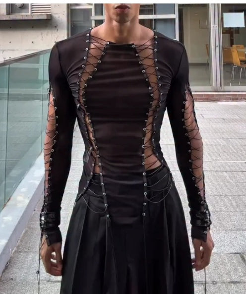 Men's Fashion Black Transparent Lace-up Mesh Top