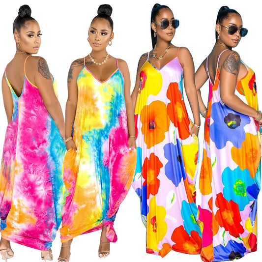 Tie-dye Printing V-neck Brace Mopping Dress
