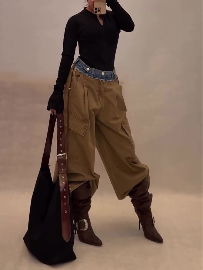 Khaki Denim Panel Drawstring Wide-Leg Cargo Pants