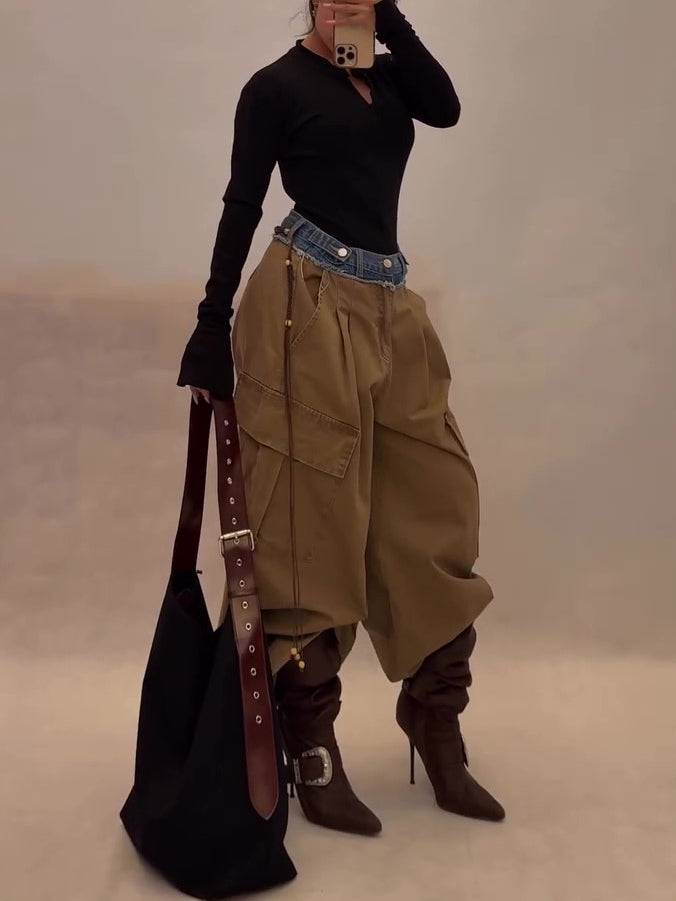 Khaki Denim Panel Drawstring Wide-Leg Cargo Pants