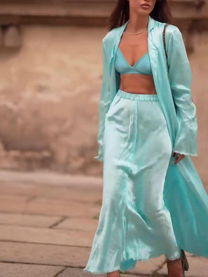 Satin Long Top & High Waist Skirt Set