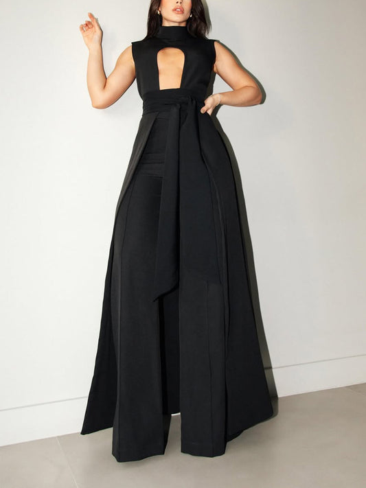 Black Sleeveless Lace-up Long Top & High-waisted Pants Set