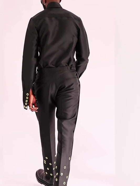 Chic Black Formal Ensemble With Adjustable Eyelet Trim And Structured Silhouette