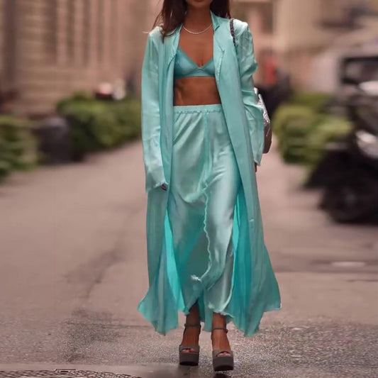 Satin Long Top & High Waist Skirt Set