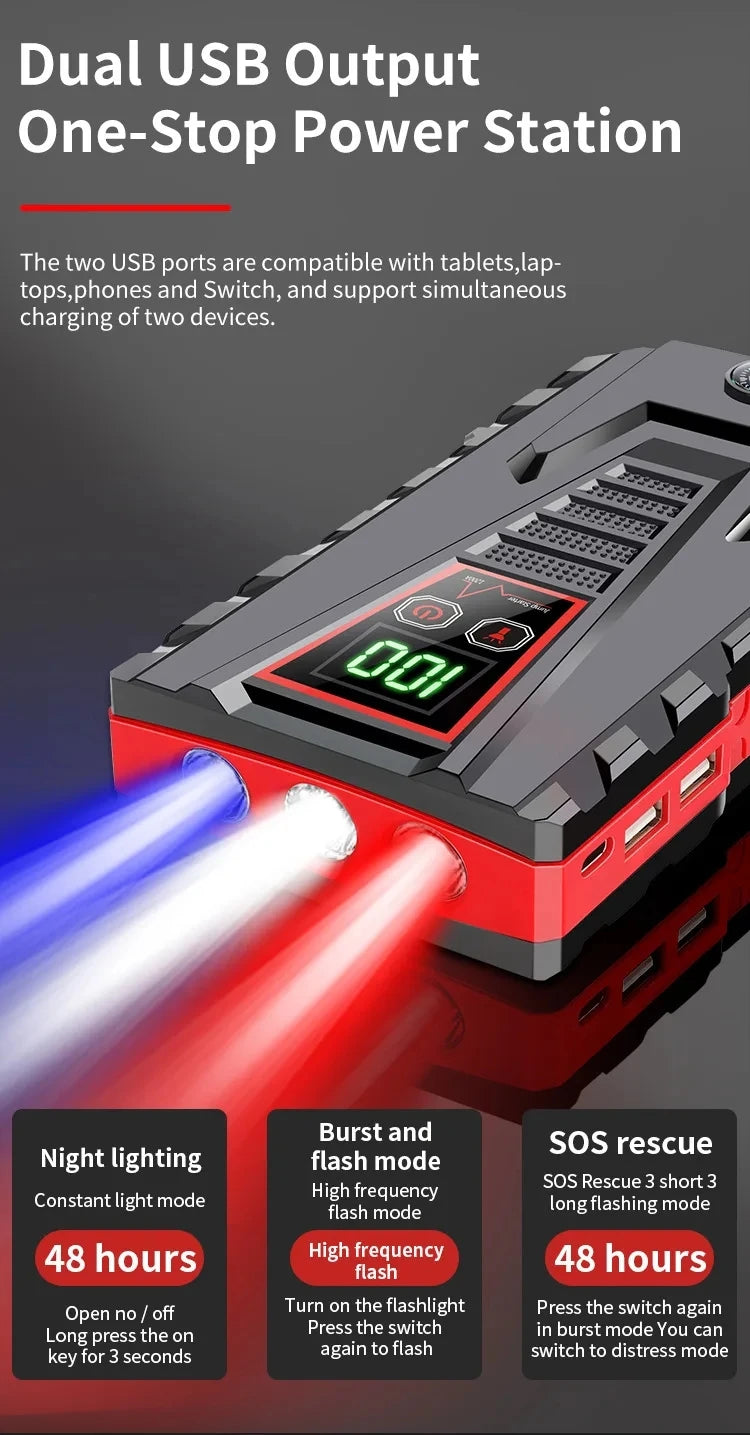 99800mAh Portable Car Jump Starter Peak 5000A Power Bank Charger 12V Auto Starting Device Petrol Diesel Car Emergency Battery