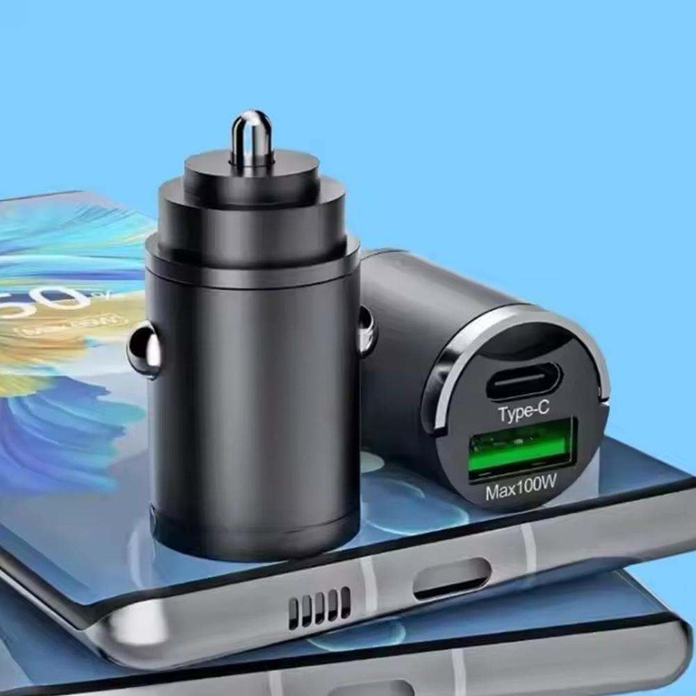 dual-port universal car super fast charger 100W Mini Car Charger USB Type C QC3.0 PD Fast Charging 12-24V Pull Ring Car Adapter