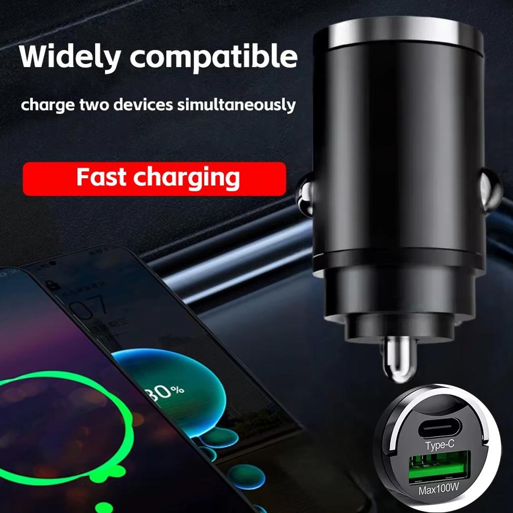 dual-port universal car super fast charger 100W Mini Car Charger USB Type C QC3.0 PD Fast Charging 12-24V Pull Ring Car Adapter