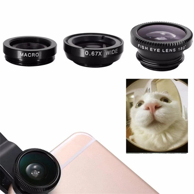 3in1 Fisheye Phone Lens 0.67X Wide Angle Zoom Fish Eye Macro Lenses Camera Kits With Clip Lens On The Phone For Smartphone