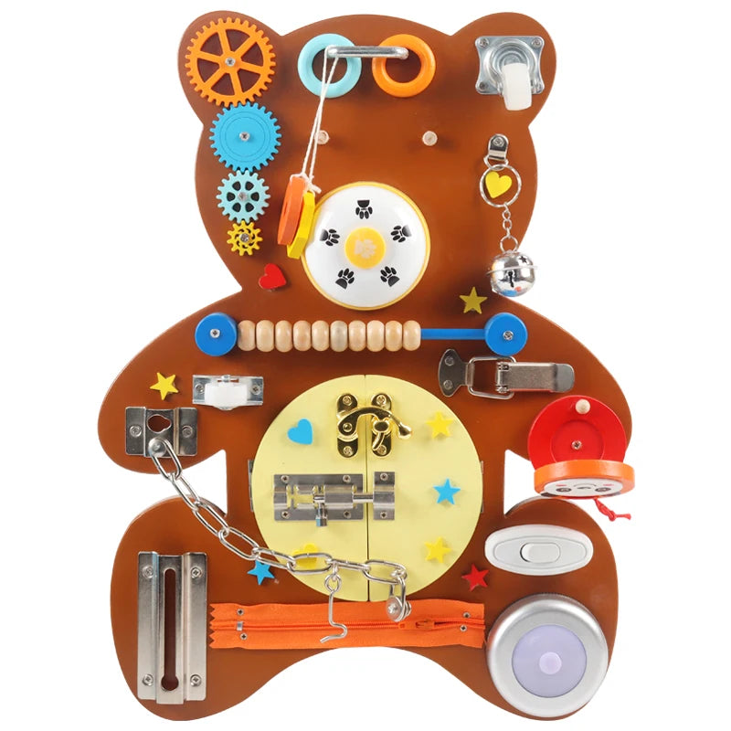 Factory Direct Sale Montessori Sensory Wooden Brown Bear Busy Activity Board Children Educational Learning Toys for Baby Kids