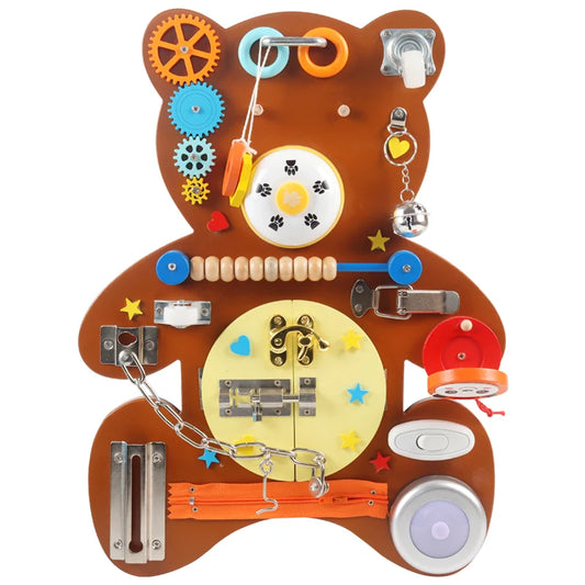 Factory Direct Sale Montessori Sensory Wooden Brown Bear Busy Activity Board Children Educational Learning Toys for Baby Kids