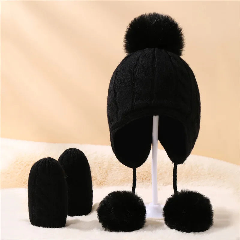 Wholesale 2 PCS Beanie Pure Color Baby Kids Girls Boys Winter Warm Knit Hat Cute Glove Lovely Comfortable Elastic Suitable